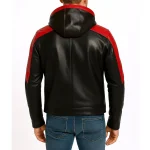 Men’s Biker Red & Black Leather Hooded Jacket - Image 2