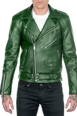 Men’s Shinny Green Leather Biker Jacket