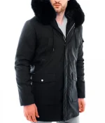 Men’s Black Admiral Hooded Coat with Fur Collar