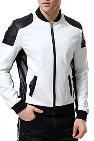 Men’s Black and White Leather Biker Bomber Jacket