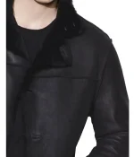 Men’s Casual Button Closure Black Leather Shearling Coat