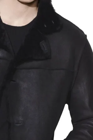 Men’s Casual Button Closure Black Leather Shearling Coat