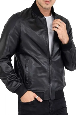 Men’s Casual Bomber Real Black Leather Jacket