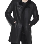 Men’s Casual Button Closure Black Leather Shearling Coat