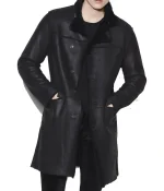 Men’s Casual Button Closure Black Leather Shearling Coat
