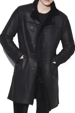 Men’s Casual Button Closure Black Leather Shearling Coat