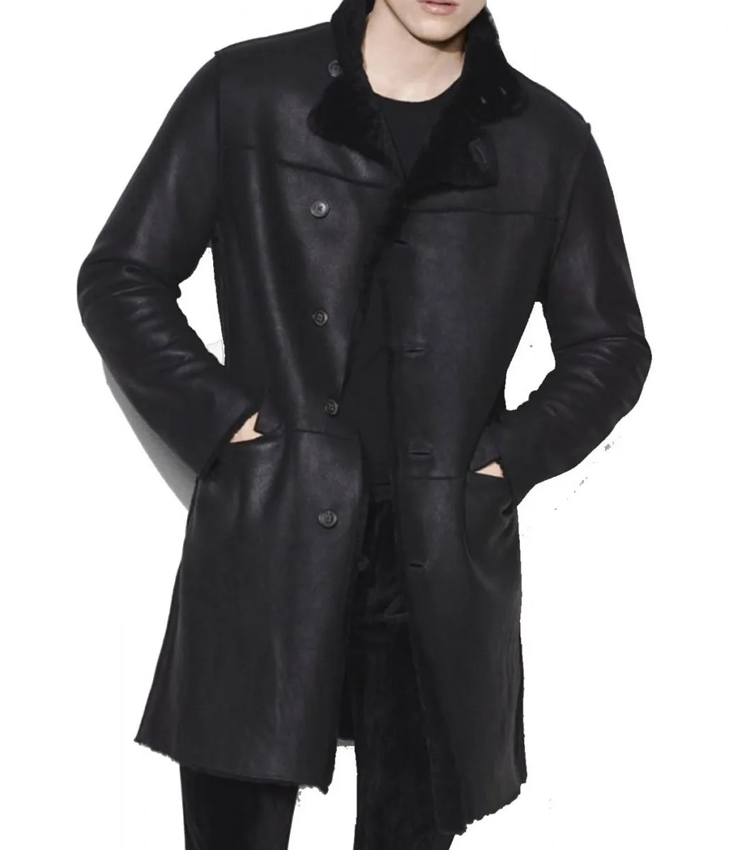 mens-black-shearling-coat-scaled1 Men’s Casual Button Closure Black Leather Shearling Coat