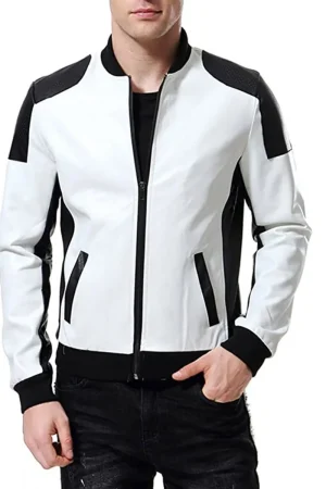 Men’s Black and White Leather Biker Bomber Jacket