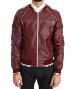 Men’s Stitched Bomber Maroon Leather Jacket