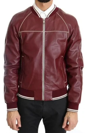 Men’s Stitched Bomber Maroon Leather Jacket