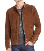 Men’s Casual Zipper Pockets Brown Suede Leather Jacket