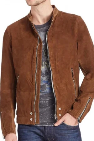Men’s Casual Zipper Pockets Brown Suede Leather Jacket