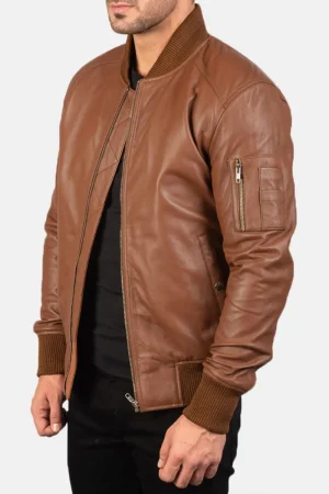 Men’s MA-1 Flight Brown Leather Bomber Jacket
