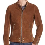 Men’s Casual Zipper Pockets Brown Suede Leather Jacket