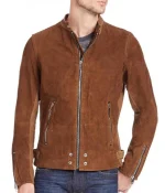 Men’s Casual Zipper Pockets Brown Suede Leather Jacket