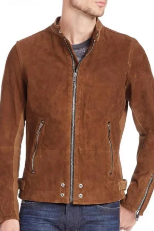 Men’s Casual Zipper Pockets Brown Suede Leather Jacket