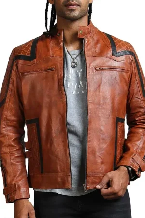 Men’s Designer Striped Style Brown Leather Jacket