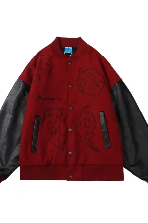 Men’s Embroidered Hip Hop Wool Varsity Jacket with Leather Sleeve