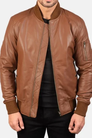 Men’s MA-1 Flight Brown Leather Bomber Jacket