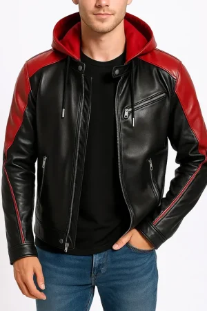 Men’s Biker Red & Black Leather Hooded Jacket