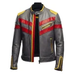 Men’s Red Yellow Striped Gray Leather Biker Jacket