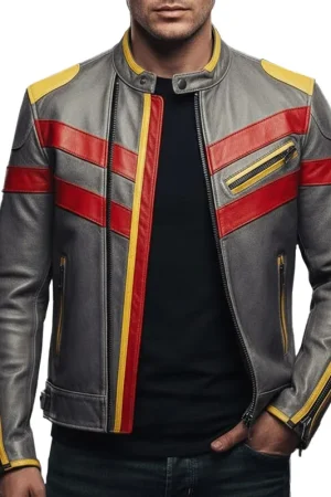 Men’s Red Yellow Striped Gray Leather Biker Jacket
