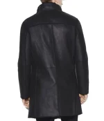 Men’s Casual Button Closure Black Leather Shearling Coat