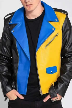 Men’s Color Block Biker Leather Jacket