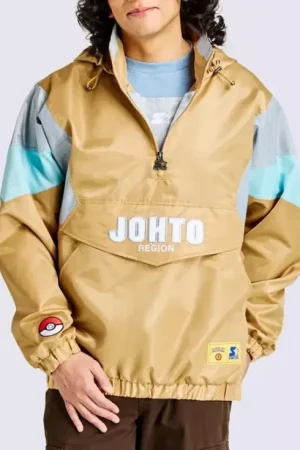 Pokémon Starter x Target Gold Johto Jacket featuring a varsity-style design inspired by Chikorita, Cyndaquil, and Totodile from the Johto region.