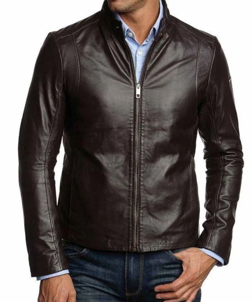 slim-fit-dark-brown-jacket1 Men’s Simple Look Casual Wear Dark Brown Leather Jacket