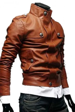 Men’s Slim Fit Tan Button Front Brown Leather Jacket