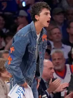 Timothée Chalamet Chrome Hearts Knicks Denim Jacket inspired by his NBA Finals courtside look, featuring premium blue denim and New York Knicks-inspired detailing.