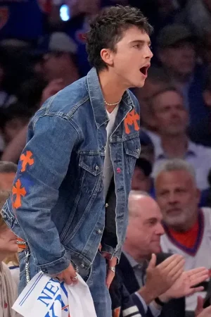 Timothée Chalamet Chrome Hearts Knicks Denim Jacket inspired by his NBA Finals courtside look, featuring premium blue denim and New York Knicks-inspired detailing.