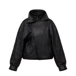 Women Oversized Black Funnel Neck Leather Jacket