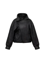 Women Oversized Black Funnel Neck Leather Jacket