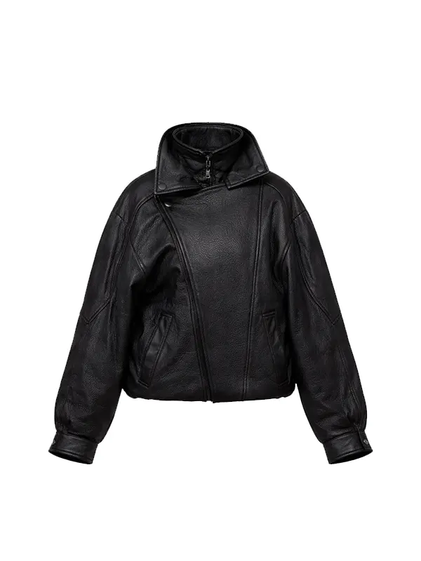 women-funnel-neck-leather-jacket_01 Women Oversized Black Funnel Neck Leather Jacket - Image 1