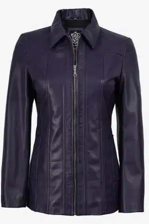 Women's Purple 3/4 Length Lambskin Coat with Shirt Collar