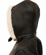 Women’s Shearling Buckle Collar Brown Leather Jacket with Hood