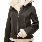 Women’s Shearling Buckle Collar Brown Leather Jacket with Hood