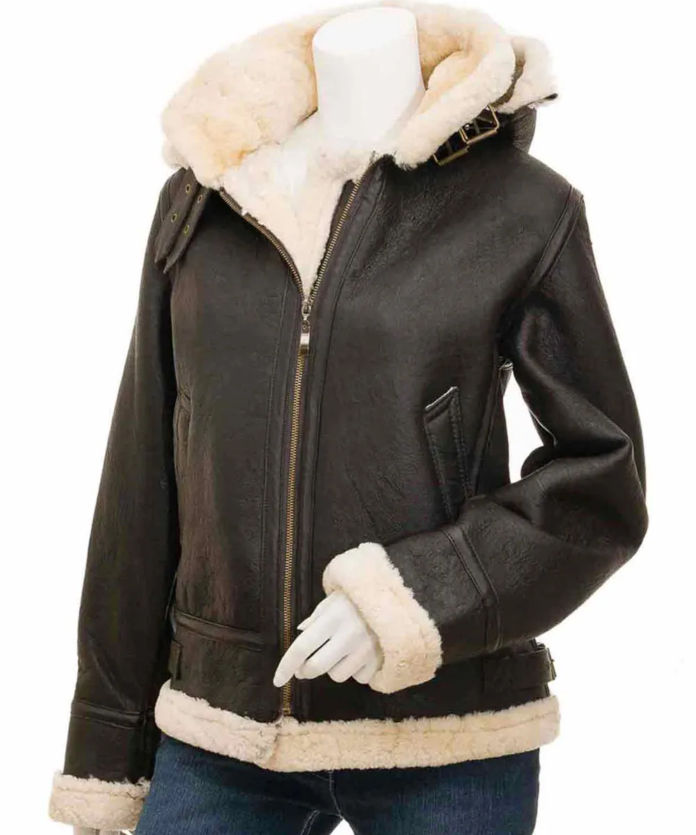 womens-brown-leather-shearling-jacket1 Women’s Shearling Buckle Collar Brown Leather Jacket with Hood