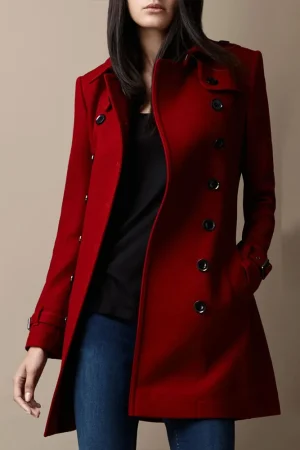 Women’s Red Wool Mid Length Trench Coat
