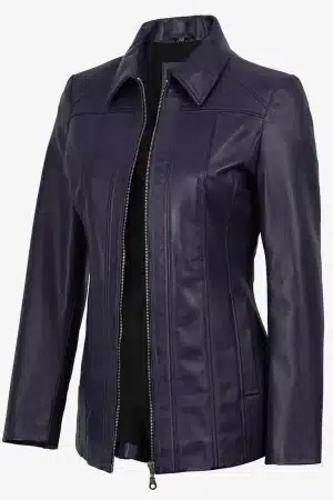 Women's Purple 3/4 Length Lambskin Coat with Shirt Collar