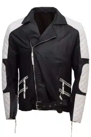 Men’s Black and White Quilted Style Biker Leather Jacket