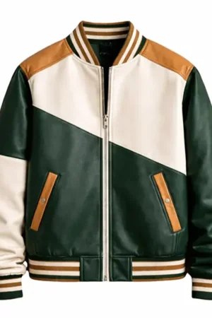 Block Green Varsity Leather Bomber Jacket