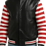 Men’s Black and Red Striped Leather Varsity Jacket