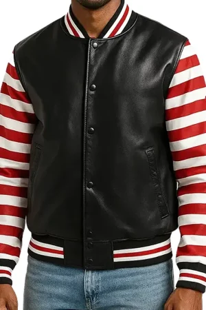 Men’s Black and Red Striped Leather Varsity Jacket