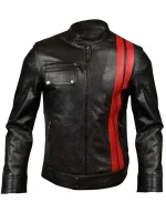 Men's Black Classic Motorcycle Red Stripes Leather Jacket