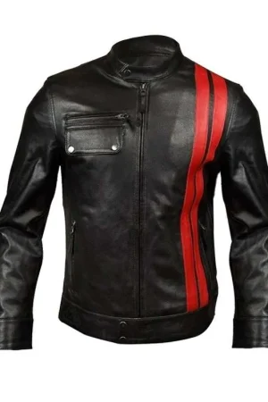 Men's Black Classic Motorcycle Red Stripes Leather Jacket