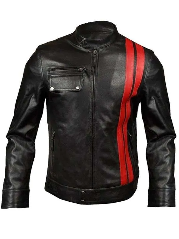 Mens-Red-Stripes-Black-Leather-Jacket 1 Men's Black Classic Motorcycle Red Stripes Leather Jacket