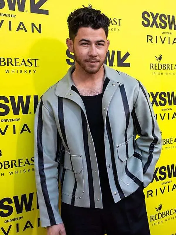 Power Ballad Movie Nick Jonas Grey & Black Leather Jacket 01 Power Ballad Movie Nick Jonas Grey & Black Leather Jacket
